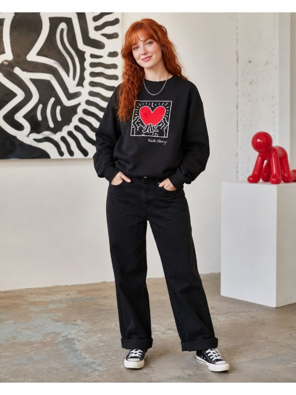 Keith Haring Dancing Heart Sweatshirt Women’s XXL Black Graphic Crewneck Pullove